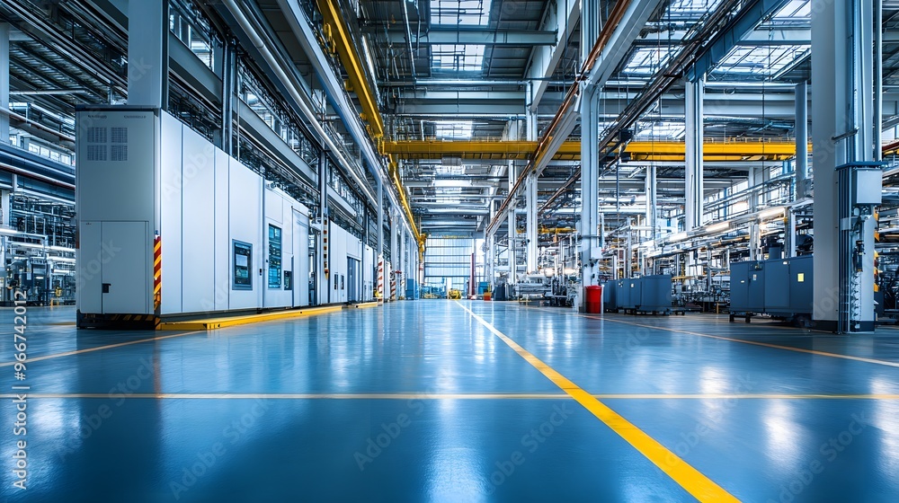 Poster a factory floor with a large blue sphere in the middle. the sphere is surrounded by a network of lin