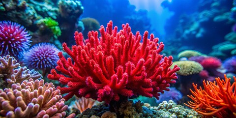 Close-up shot of a vibrant red coral standing out among other corals in a reef setting
