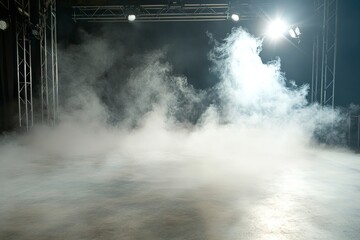 White smoke or fog flowing across the floor creates a mysterious and ethereal atmosphere. This effect is perfect for enhancing the ambiance of theatrical productions, photo shoots, or special, ai