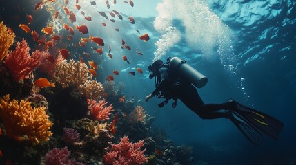 A diver swims in the depths of the ocean among corals. Marine flora. Scuba diving.