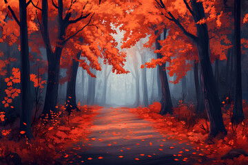 A serene pathway through a vibrant autumn forest with red leaves and soft mist.