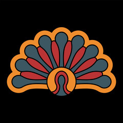 Stylized flower or seashell. Palmette motif to peacock tail. Folk style. Geometrical abstract decorative element. On black background.