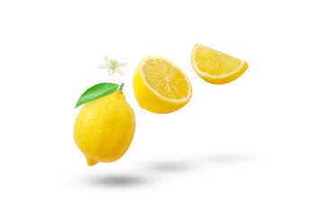 Flying fresh lemon with leaf and slice lemon isolated on white background , clipping path.