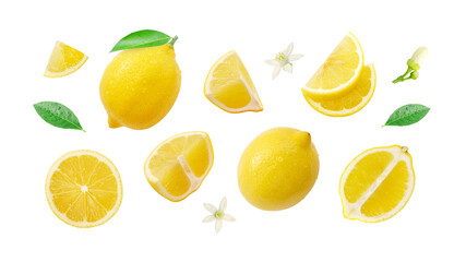 Lemon has water drop with lemon slices and flower pattern isolated on white background. Clipping path.