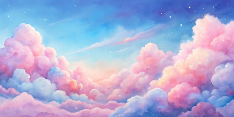 Beautiful watercolor of a sweet cotton candy twilight sky background with s