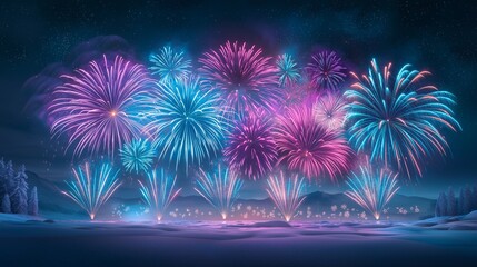 Fototapeta premium Winter Fireworks Display Over Snowy Landscape