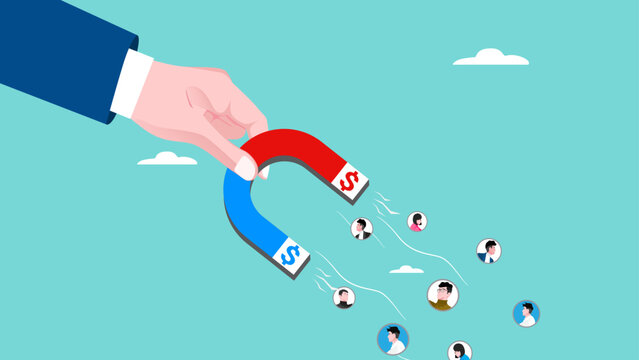 Customer acquisition cost, marketing expense on customer retention, advertising cost for lead generation, big businessman hand uses magnet with dollar symbol on the field to attract customers