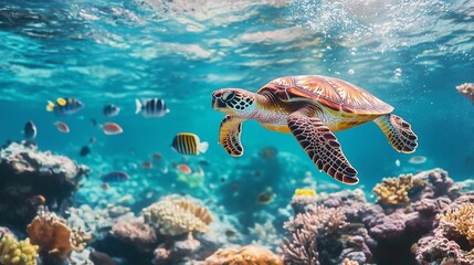 A diver swims in the depths of the ocean among corals and looks at a large sea turtle. Marine flora. Scuba diving.