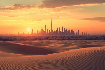 Obraz premium Dubai Skyline at Sunset with Desert Dunes â€“ Captivating Blend of Modern Architecture and Desert Adventure, ai
