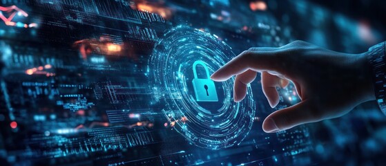 Obraz premium Hand Interacting with Digital Security Lock Icon on a Tech Background
