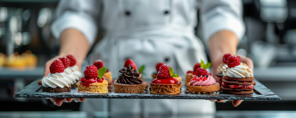 Wide shot of a pastry chef presenting gourmet desserts