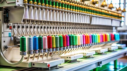 Embroidery industrial machine in operation with colorful threads