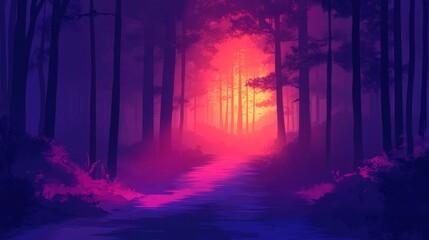 Fototapeta premium A Stream of Light Illuminates a Forest Path at Dusk