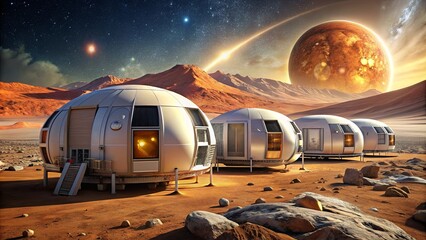 Space habitation modules designed for lunar or Martian living with advanced technology and futuristic architecture