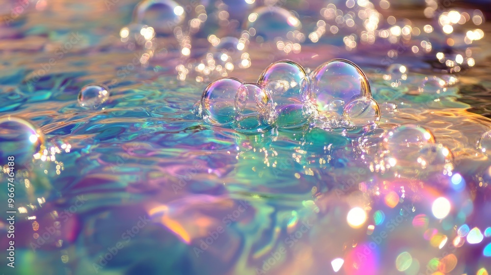 Poster iridescent bubbles floating on a shimmering surface