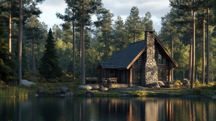 Fototapeta premium Cabin by the Lake in the Woods