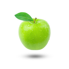 Flying green apple has water drop with leaves isolated on white background. Clipping path.