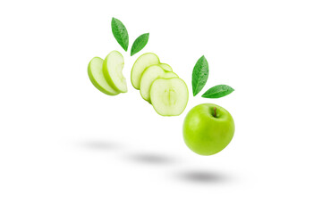 Flying green apple with slices and green leaf isolated on white background , clipping path.