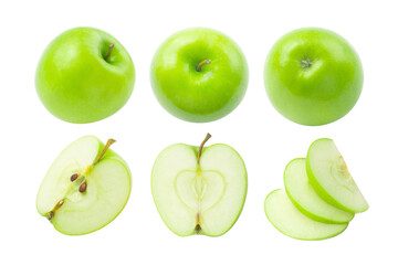 Green apple collection with slices  isolated on white background , clipping path.