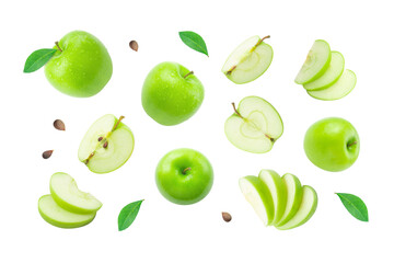 Green apple with slices and green leaf pattern isolated on white background ,Group flying apple movement. Clipping path.