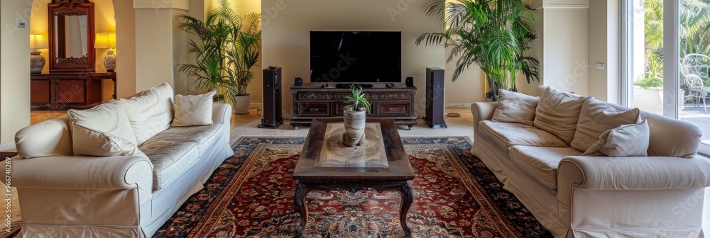 Wall mural spacious living room featuring a television, rug, coffee table, and two sofas.