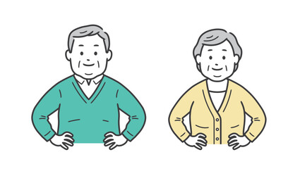 腰に手を当てて自信を見せる高齢者小太り男女の上半身イラスト
