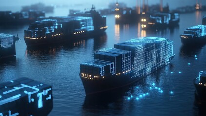 3D rendering of cargo ships and freight boxes on the water, with glowing data connections in close-up