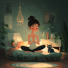 A girl meditates in the bedroom with a little kitten 