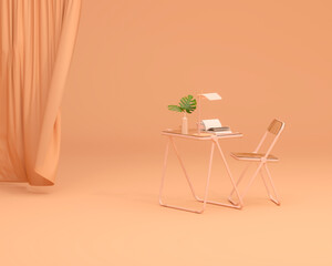 Peach fuzz monochrome minimal office table desk. Minimal idea concept with Acrylic table chair for study desk, plant pot and workspace. Mockup template, 3d rendering