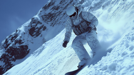 Snowboarder Descending Steep Snowy Slope in Full Winter Gear
