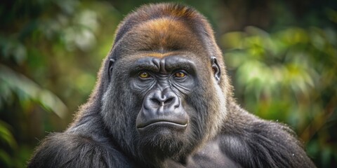 Obraz premium Majestic gorilla staring directly at the camera, wildlife, animal, gorilla, staring, eyes, intense, powerful, nature, majestic