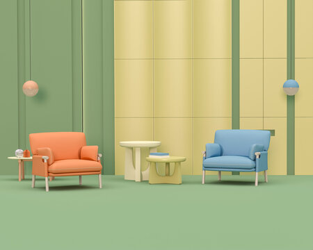 Creative interior design in colorful studio with lamp and armchair. Pastel color background. 3D rendering for web page, presentation or picture frame	