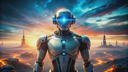 A futuristic robot with glowing eyes standing in a virtual reality landscape, technology, artificial intelligence