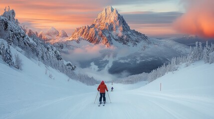 Skiing in the Mountains at Sunset