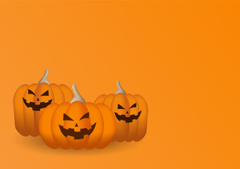 Three pumpkins halloween cartoon style on orange background with copy space, Vector illustration