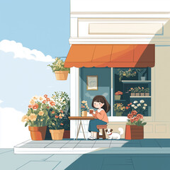 a girl with a  little kitten at the cafe 