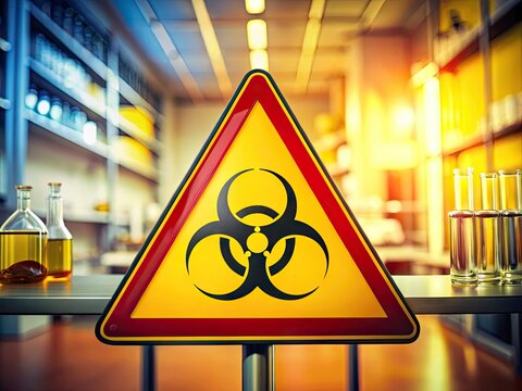 A brightly illuminated warning sign with a bold, red biohazard symbol on a yellow background, cautioning against potential biological threats in a laboratory setting.