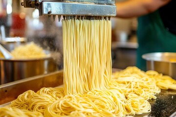 Freshly Made Noodles Being Extruded From a Pasta Machine