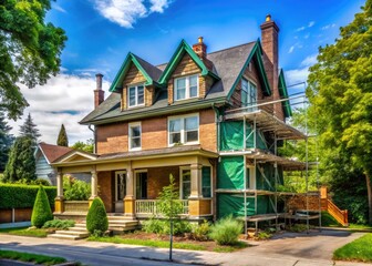 A charming century-old house in London, Ontario, Canada undergoes renovation, with scaffolding and tarps covering the facade, amidst a lush green neighborhood surroundings.