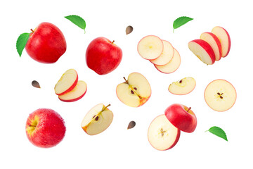 Red apple with slices and green leaf pattern isolated on white background , Group flying apple movement. Clipping path.
