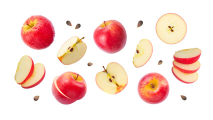 Red apple with slices apple collection pattern isolated on white background. Clipping path.