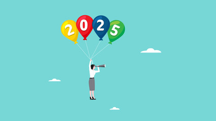 2025 vision to see opportunity for success, looking for job opportunities in 2025, new year resolution concept, achievement or plan for success, businesswoman flying using 2025 balloons with telescope