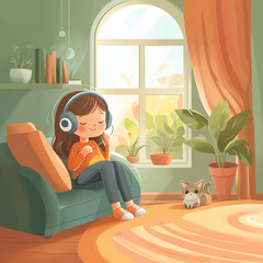 a girl listening to music in the bedroom feeling peaceful