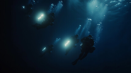 Divers with Lights Descending into Deep Ocean
