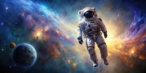 Fototapeta premium Alien in space suit floating in vast galaxy, Alien, space, suit, floating, galaxy, extraterrestrial, universe