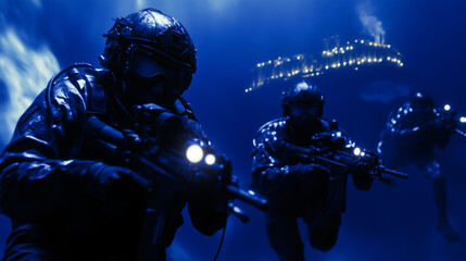 Armed Divers Approaching Underwater Illuminated City
