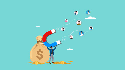 Customer acquisition cost or CAC, marketing expense on customer retention, advertising cost for lead generation, businessman uses magnets with dollar costs to attract customers