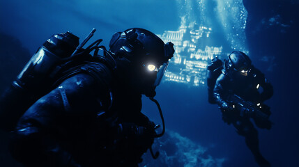 Divers Exploring Illuminated Underwater Structure
