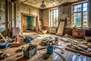 A cluttered and dusty living room awaits renovation, with tools and materials scattered around, exposing a patchwork of old flooring and worn-out walls.