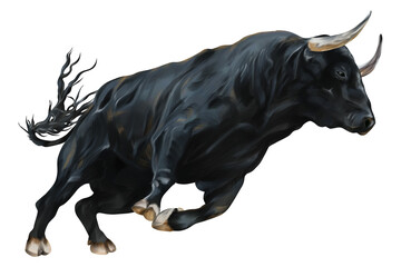 Watercolor painting of Black bull isolated on transparent background.